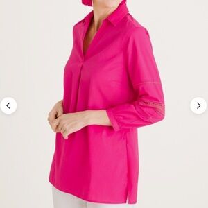 Chicos Women Sz 0 US 4/6 Pink Ladder Detail Sleeve V-Neck No Iron Popover Shirt